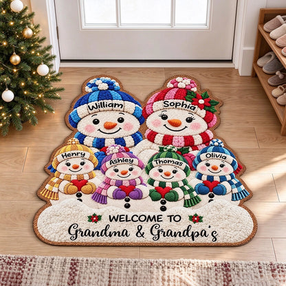Personalized Shaped Doormat, Cute Snowman Grandparents & Grandkids at a Christmas Entryway, Unique Family Gift
