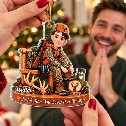 Personalized Acrylic Ornament, Custom Seated Deer Hunter Woodland Scene, Unique Christmas Gift for Dad