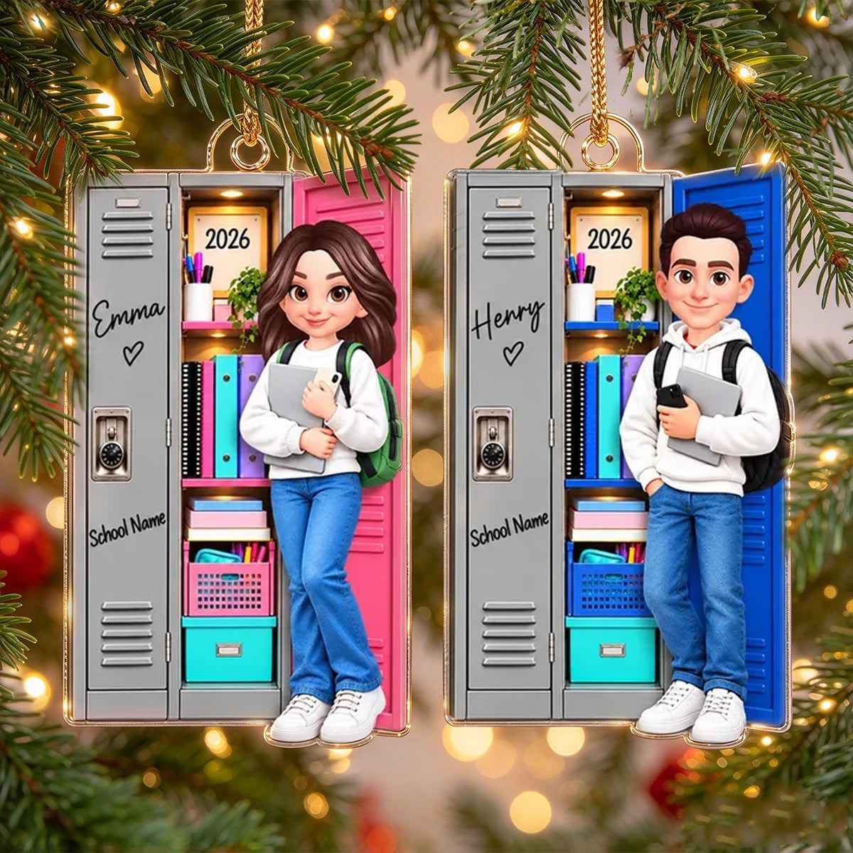 Personalized Acrylic Ornament, Cartoon Student Standing by a School Locker, Unique Christmas Gift for Teens