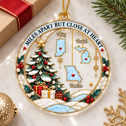 Personalized Acrylic Ornament, Snowy Christmas Tree and Family Map Scene, Creative Gift for Long-Distance Family