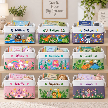 Cotton Linen Rope Basket for Kids, Personalized Storybook Storage with Playful Art, Creative Gift for Son or Daughter