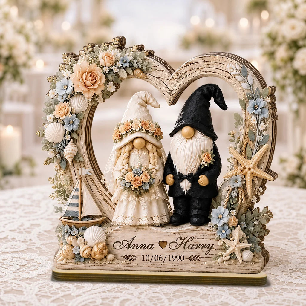 Personalized 2-Layer Wooden Plaque, Coastal Wedding Gnome Couple in Floral Heart, Unique Gift for Couples