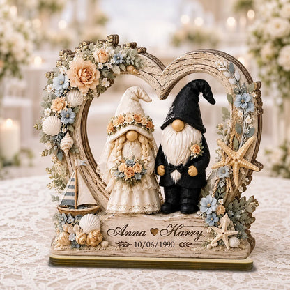 Personalized 2-Layer Wooden Plaque, Coastal Wedding Gnome Couple in Floral Heart, Unique Gift for Couples