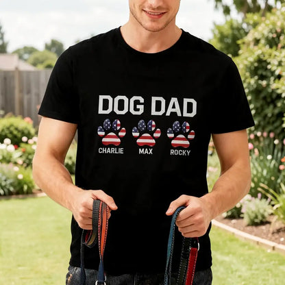 Personalized Dog Dad Classic Tee with Flag Paw Prints, Unique Creative Gift for Pet Owners Holding Leashes