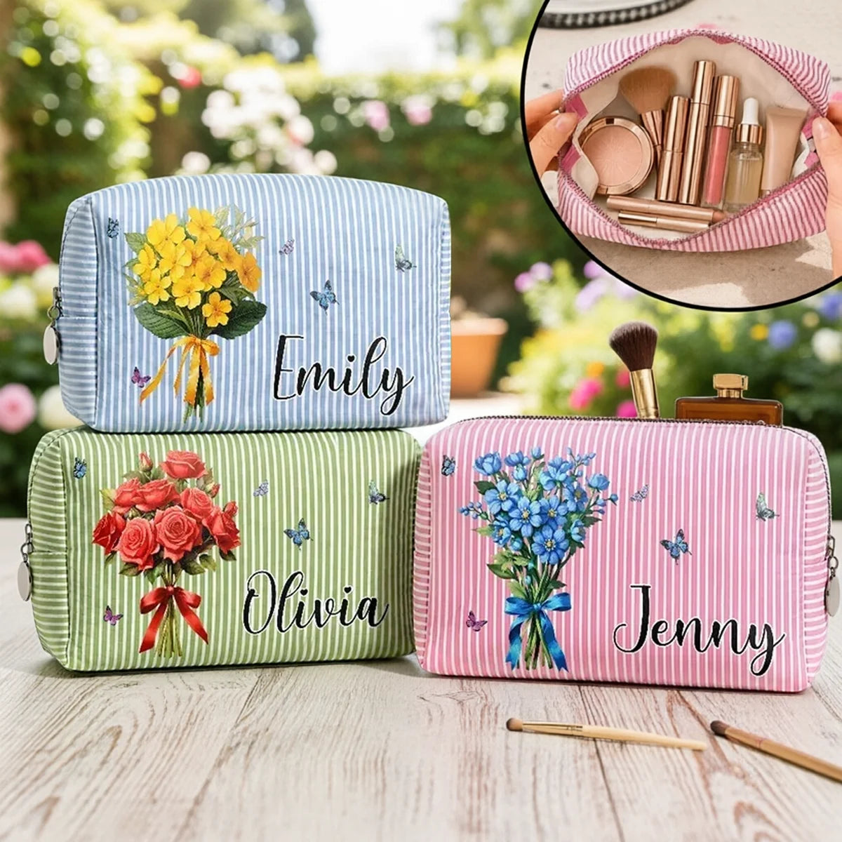 Personalized Striped Makeup Bag with Birth Flower Bouquet and Butterflies, Unique Gift for Mom, Sister or Friend