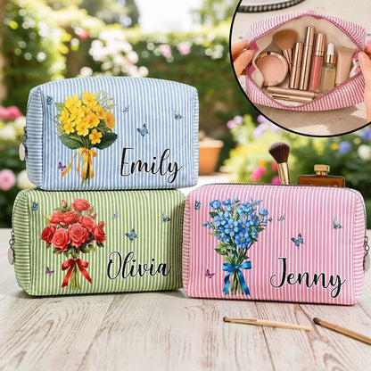 Personalized Striped Makeup Bag with Birth Flower Bouquet and Butterflies, Unique Gift for Mom, Sister or Friend