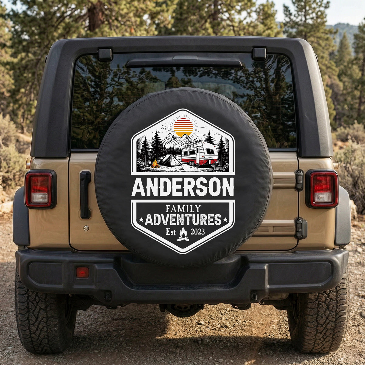 Personalized PVC Spare Tire Cover for RV Camper Trips, Family Adventures Mountain Badge Design, Unique Gift for Travel Lovers