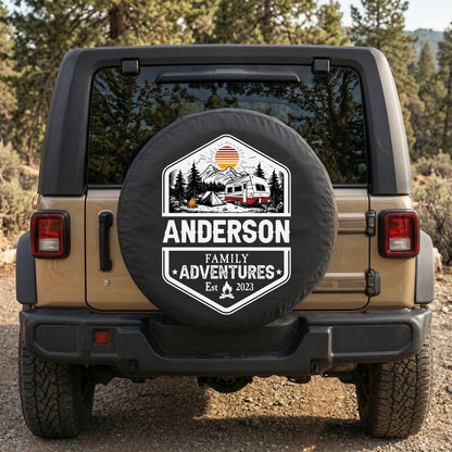 Personalized PVC Spare Tire Cover for RV Camper Trips, Family Adventures Mountain Badge Design, Unique Gift for Travel Lovers