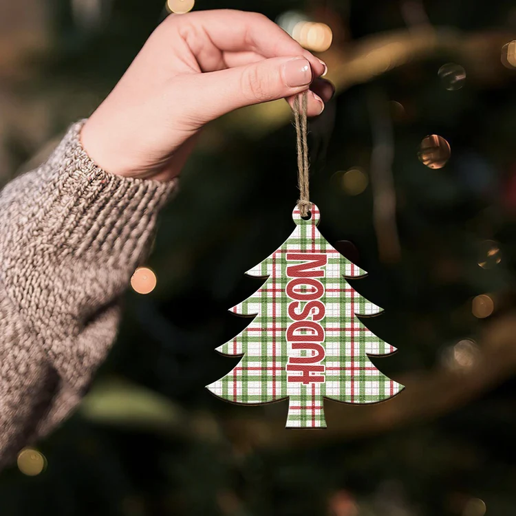 Personalized Wooden Ornament, Plaid Christmas Tree Keepsake, Unique Gift for Family