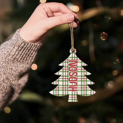 Personalized Wooden Ornament, Plaid Christmas Tree Keepsake, Unique Gift for Family