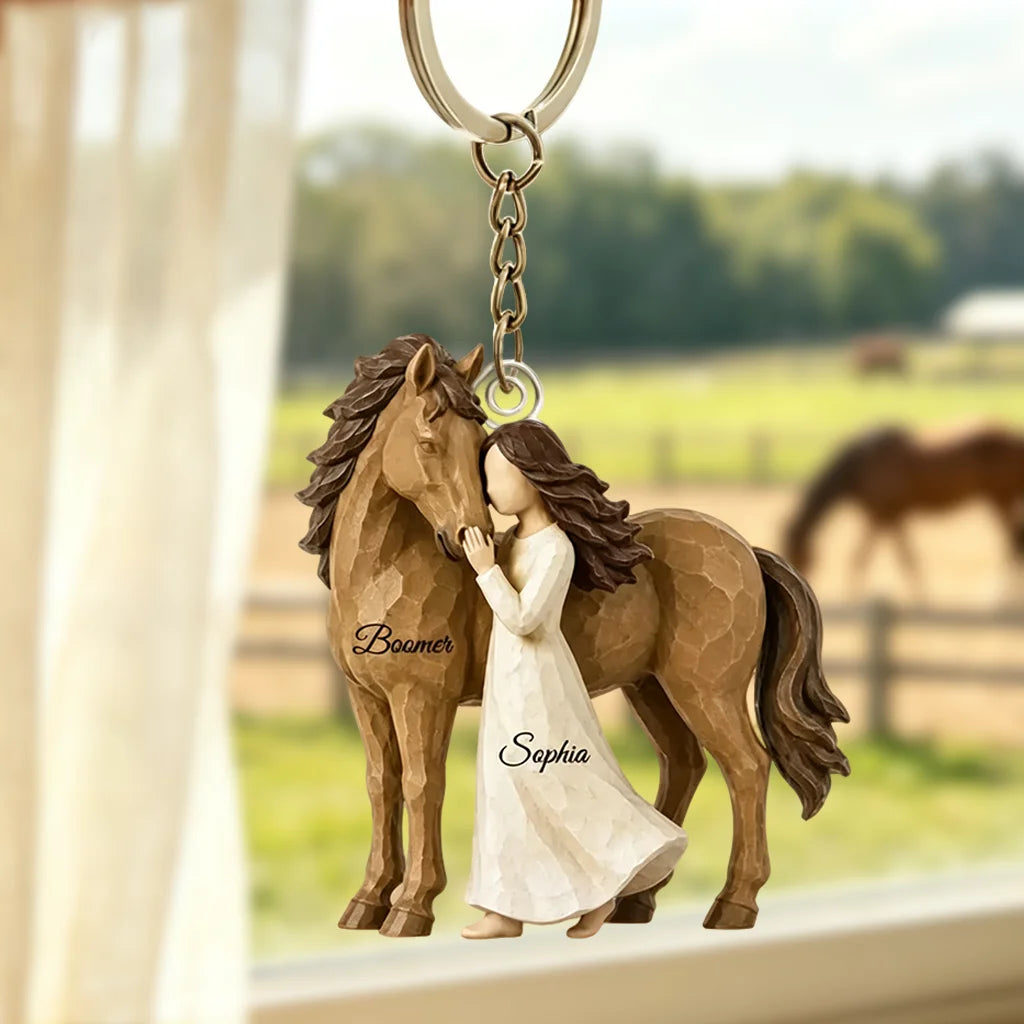 Personalized Acrylic Keychain, Girl Hugging Horse in Warm Brown Tones, Unique Gift for Horse Lovers