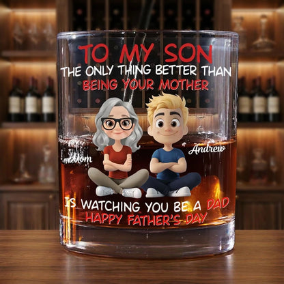 Watching My Son Be a Dad Whiskey Glass, Personalized Unique Gift from Mom with Cute Cartoon Art