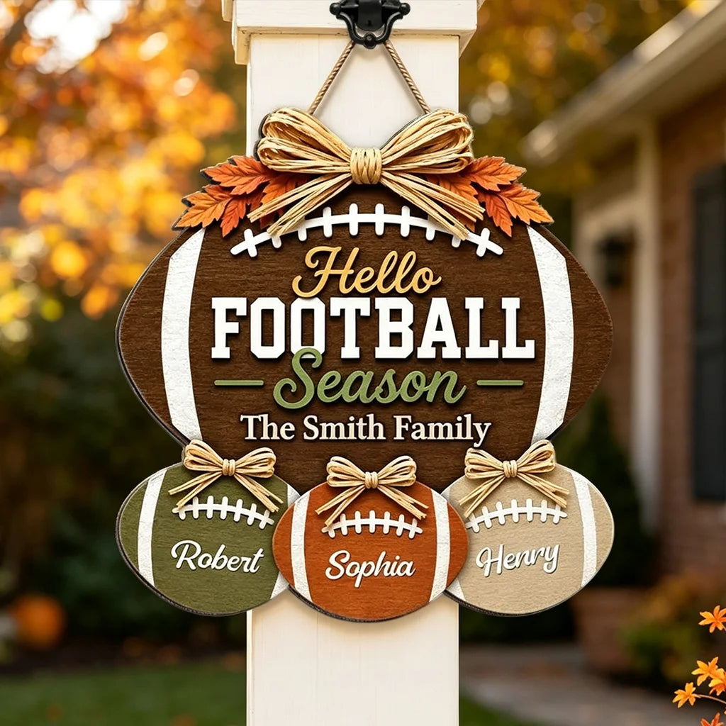 Wooden Sign with Football and Fall Leaves, Personalized Family Decor, Creative Gift for American Football Fans