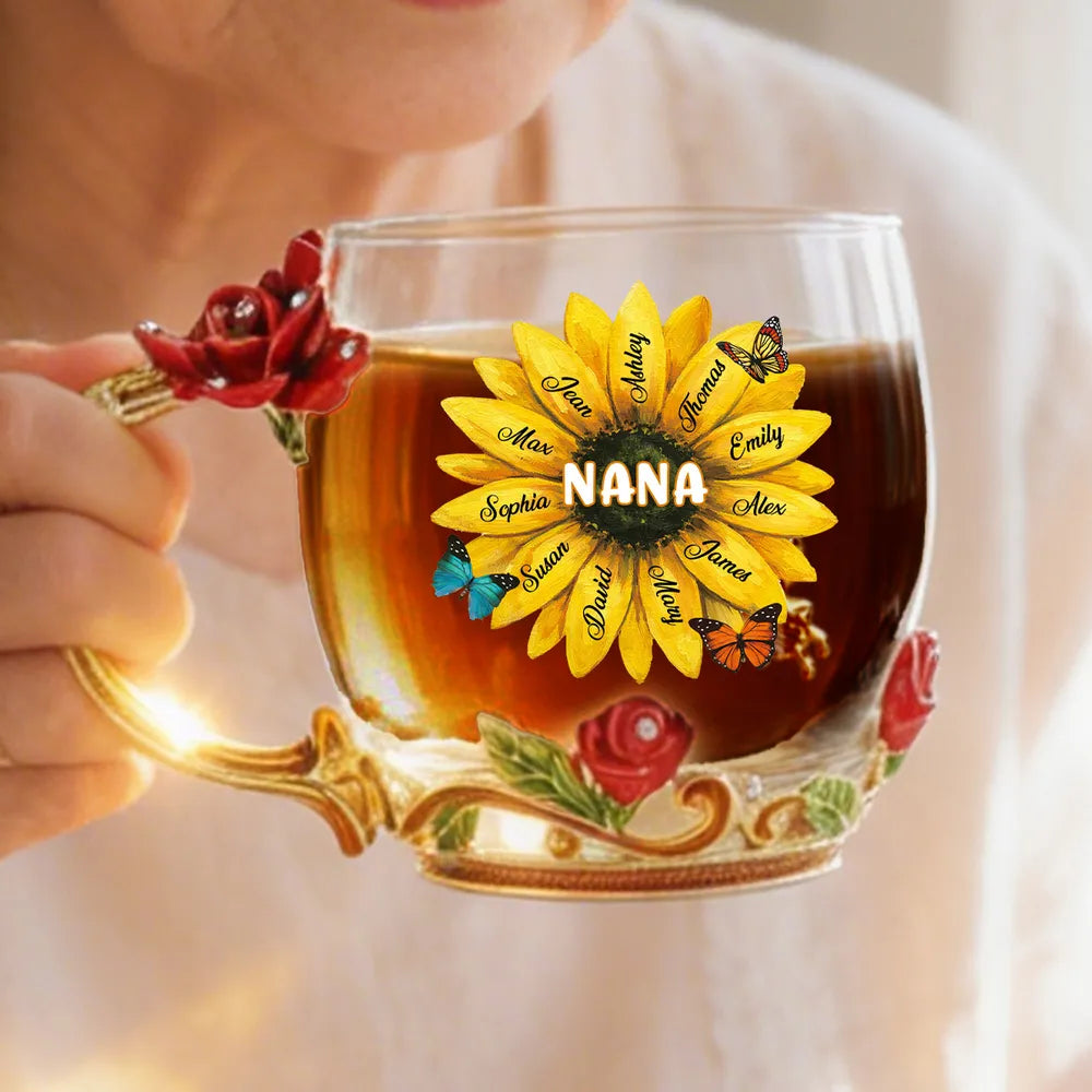 Personalized Enamel Flower Tea Cup with Sunflower Nana Design for Grandma - Unique Custom Gift for Her