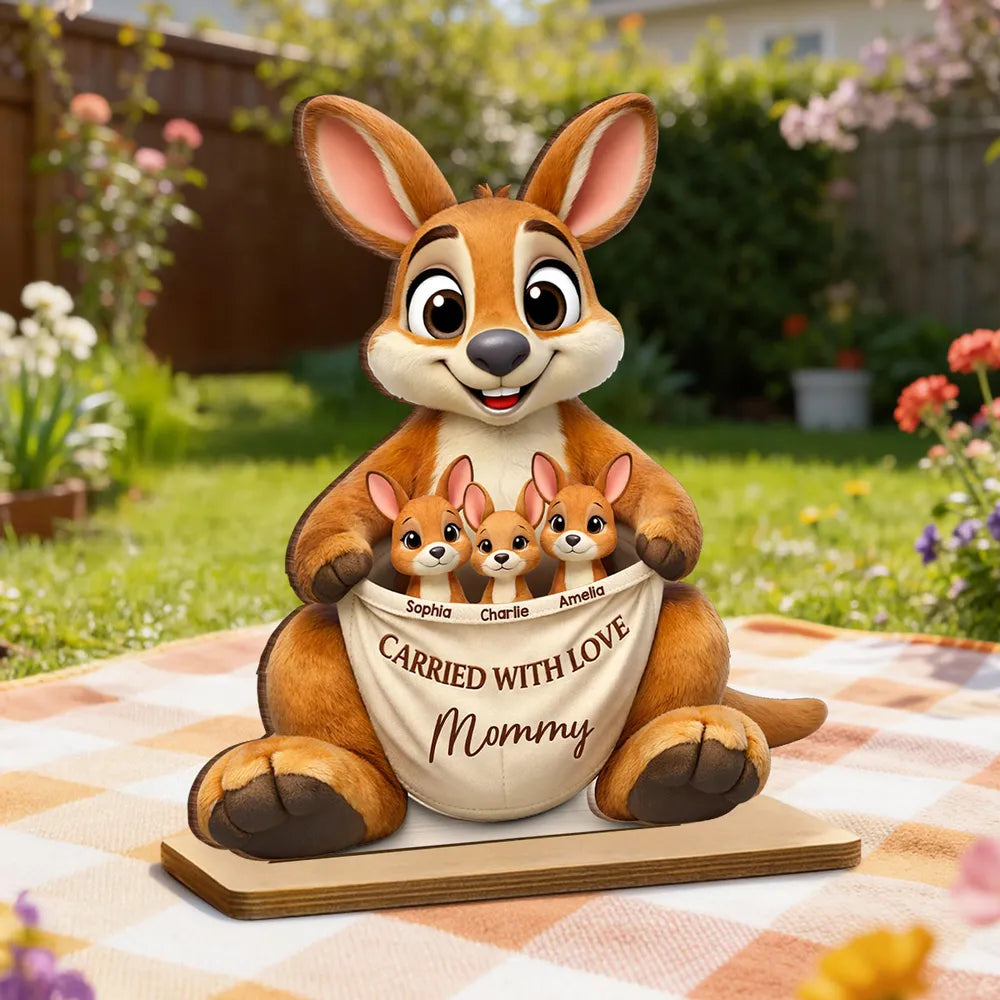 2-Layer Wooden Plaque Personalized Family Keepsake, Cute Kangaroo Grandma Holding Joeys With Carried With Love, Heartfelt Gift