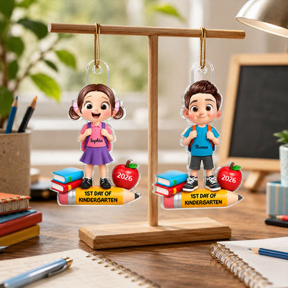 Personalized Acrylic Ornament, Colorful Cartoon Child Wearing Backpack in Classroom, Unique Kindergarten Gift