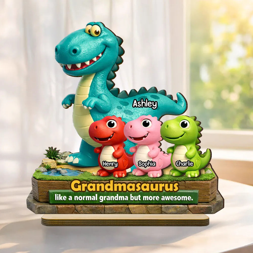 2-Layer Wooden Plaque Personalized Grandmasaurus With Cute Dino Kids - Sweet Living Room or Nursery Display, Creative Gift for Grandma
