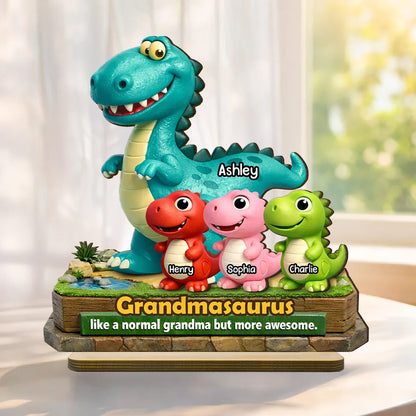 2-Layer Wooden Plaque Personalized Grandmasaurus With Cute Dino Kids - Sweet Living Room or Nursery Display, Creative Gift for Grandma