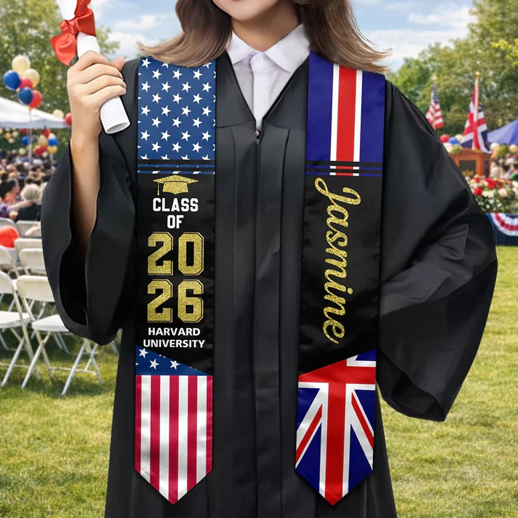 Personalized Polyester Satin Stole with Two Country Flags for Graduation Photos - A Unique Gift for Grads