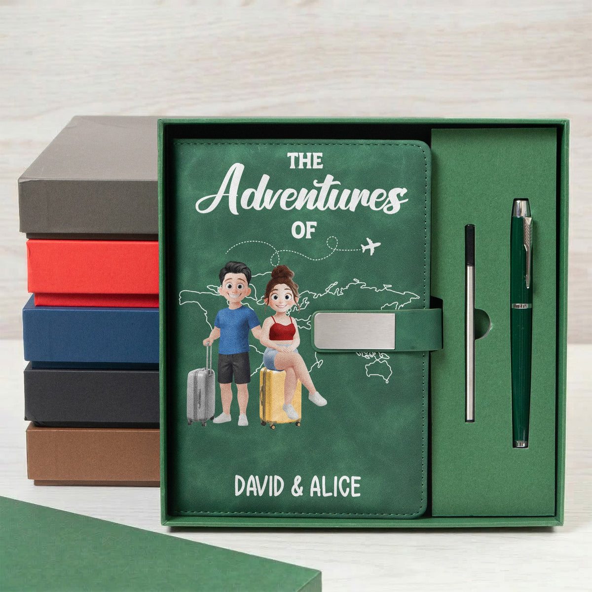 Personalized Metal Buckle Notebook Set, Travel Lovers With Suitcases, Unique Creative Gift