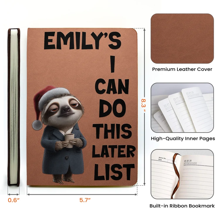 Personalized Leather Journal with Sleepy Sloth Holding Papers, Relatable Humor, Unique Gift for Coworkers