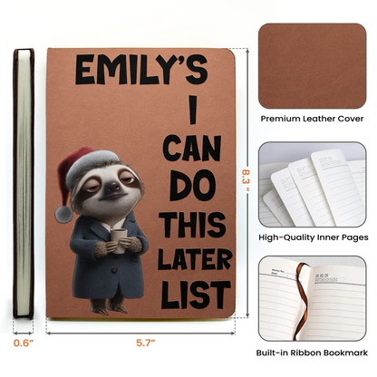 Personalized Leather Journal with Sleepy Sloth Holding Papers, Relatable Humor, Unique Gift for Coworkers