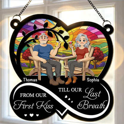 Personalized Wood & Acrylic Layered Ornament, Seated Couple Sunset Scene, Unique Gift for Couple