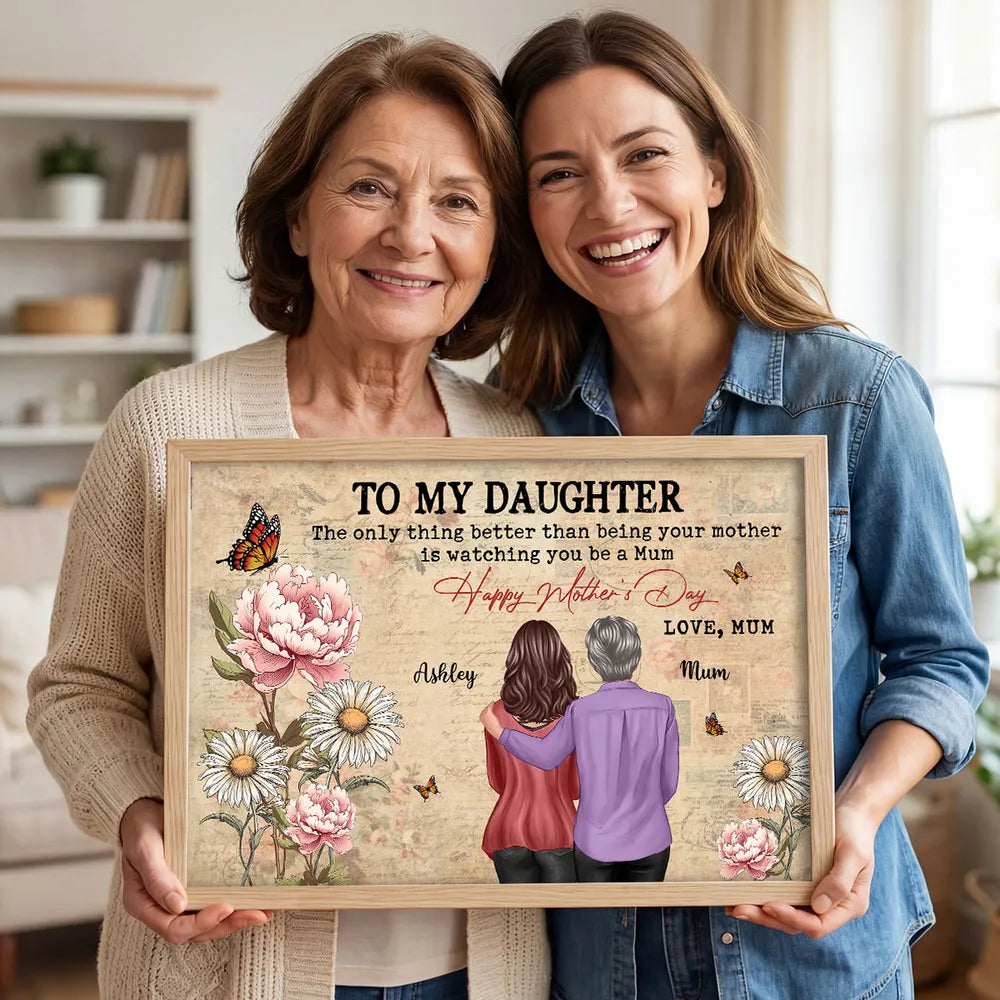 Personalized Mother's Day Floral Poster, Mom and Daughter Hugging Back View, Vintage Look, Unique Gift for Mom