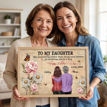 Personalized Mother's Day Floral Poster, Mom and Daughter Hugging Back View, Vintage Look, Unique Gift for Mom