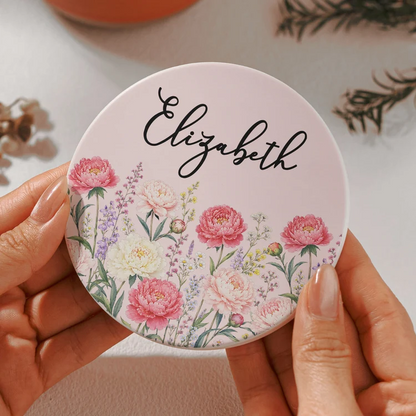 Round Ceramic Coaster, Personalized Floral Keepsake, Creative Gift for Friend, Sister or Coworker