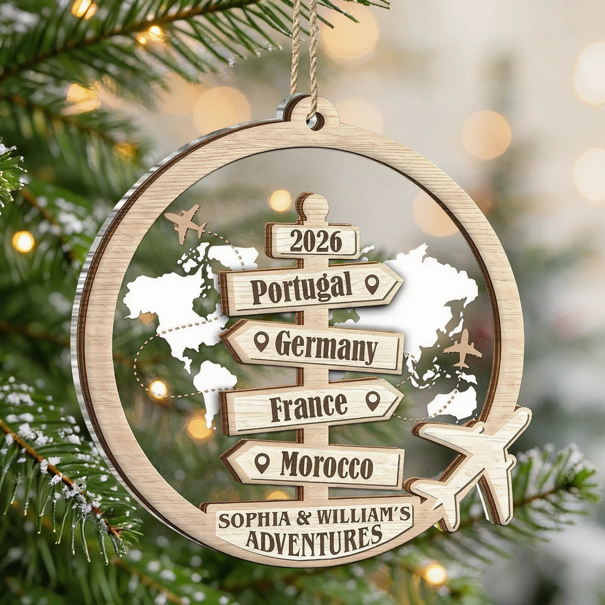 Personalized Layered Ornament with World Map, Airplanes and Travel Signpost, Unique Gift for Couples