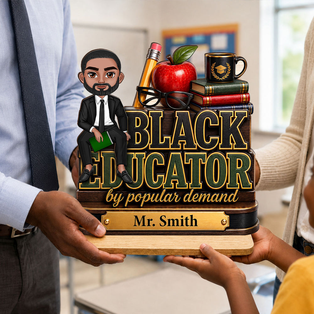 Personalized Black Educator 2-Layer Wooden Plaque with Seated Teacher Art, Creative Gift for Classroom Pride