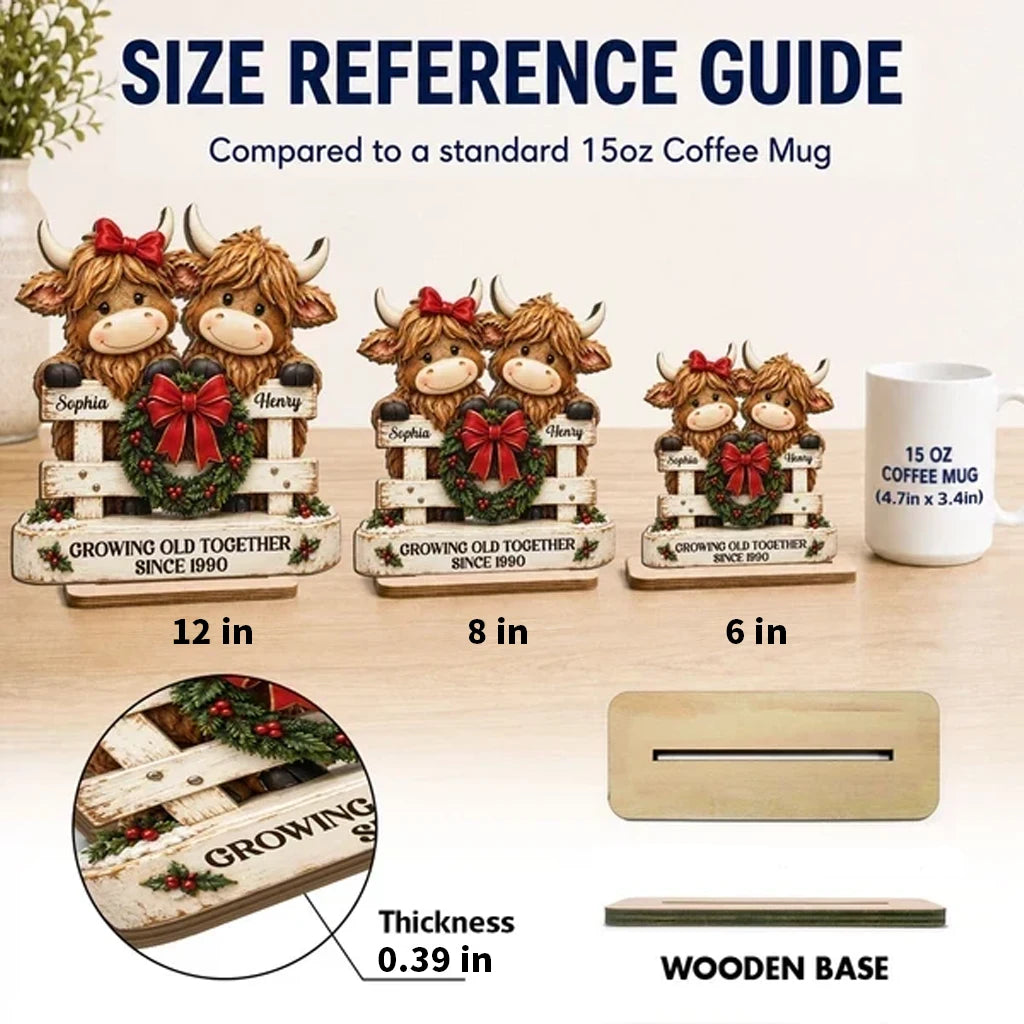 Personalized 2-Layer Wooden Plaque, Highland Cow Couple by a Christmas Fence, Unique Gift for Couples