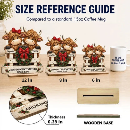 Personalized 2-Layer Wooden Plaque, Highland Cow Couple by a Christmas Fence, Unique Gift for Couples