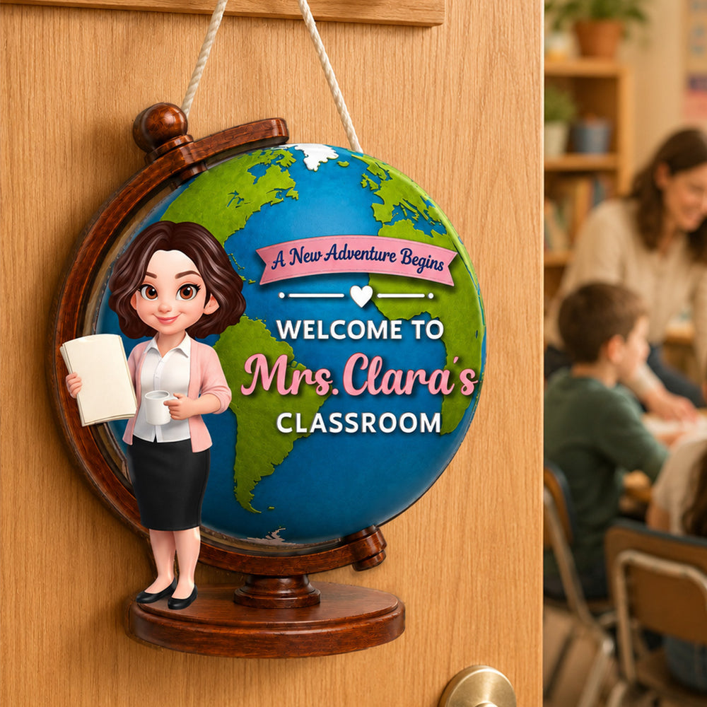 Wooden Sign with A New Adventure Begins Globe Art, Personalized Teacher Gift for Classroom Welcome