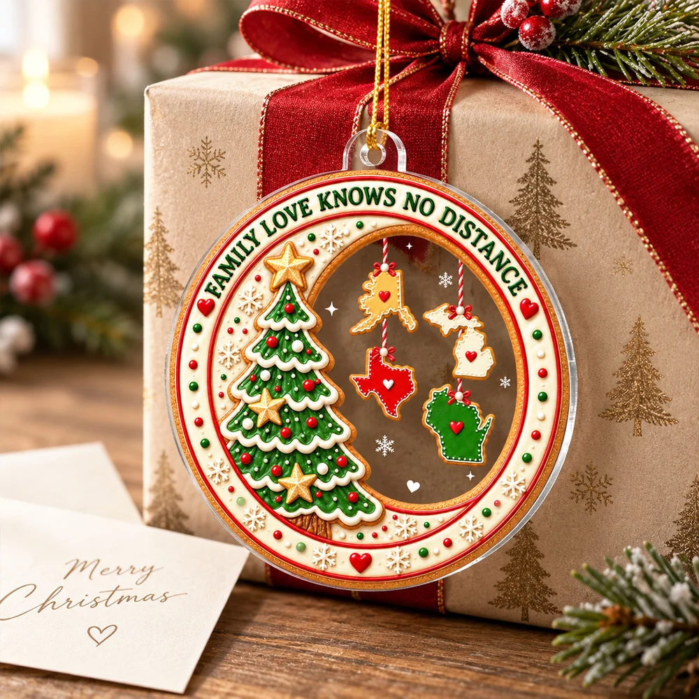 Personalized Acrylic Ornament - Family Love Knows No Distance, Choose 2-8 U.S. States, Custom Cookie State Christmas Ornament Gift for Family