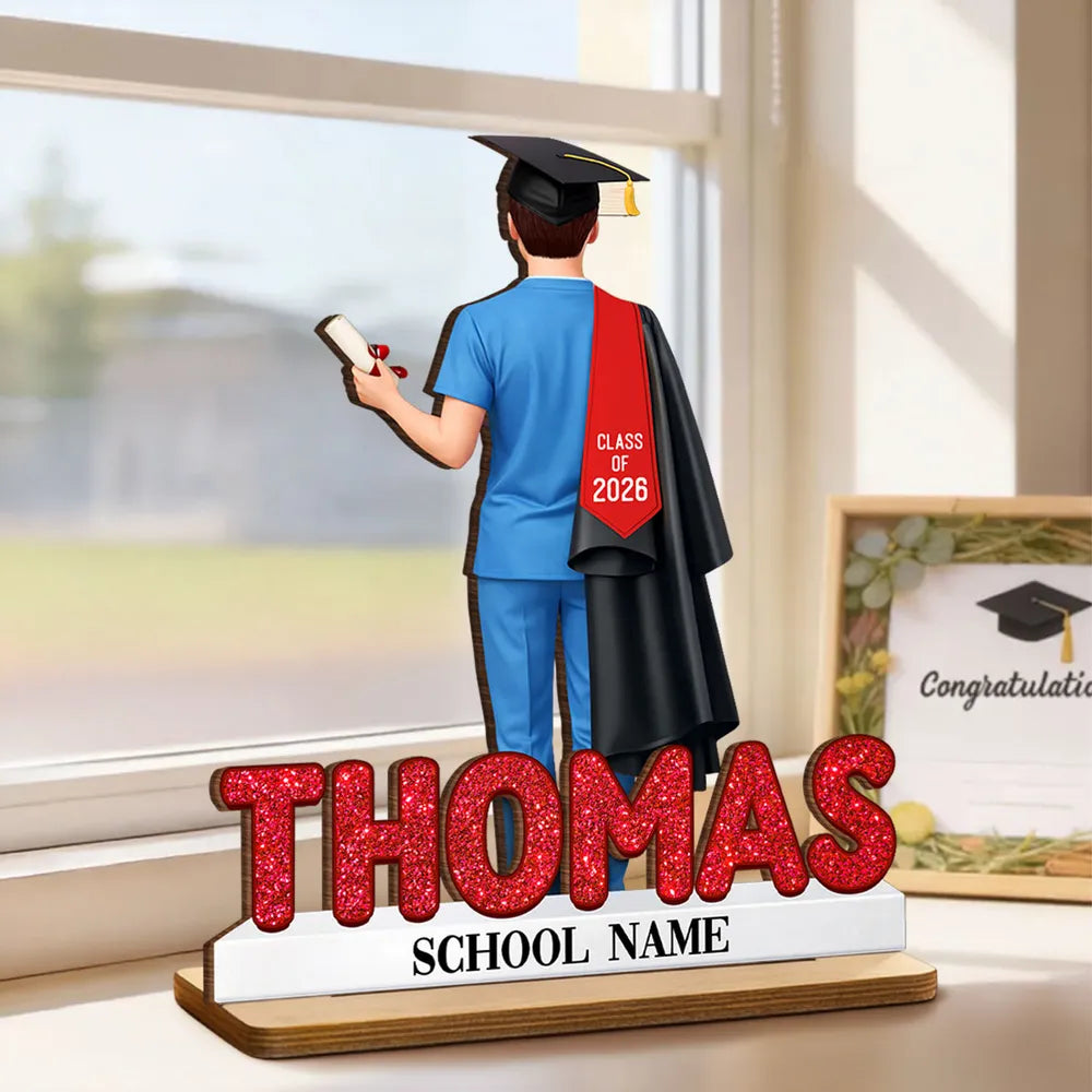 Custom 2-Layer Wooden Plaque Graduation Keepsake, Nurse Cap and Diploma Scene, Heartfelt Gift for Daughter or Son