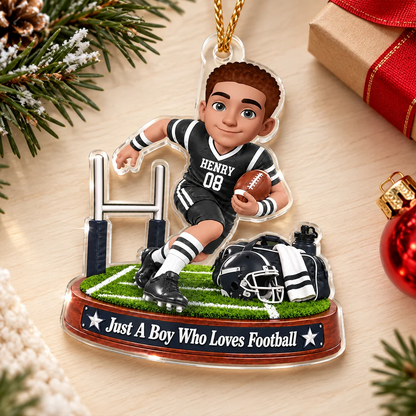 Personalized Acrylic Ornament, Cartoon Boy Playing Football by Goalpost, Unique Christmas Gift for Son or Grandson