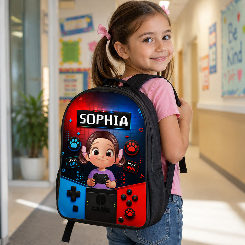 Personalized Kids School Backpack, Cartoon Gamer Boy Holding Controller, Unique Gift for Kids