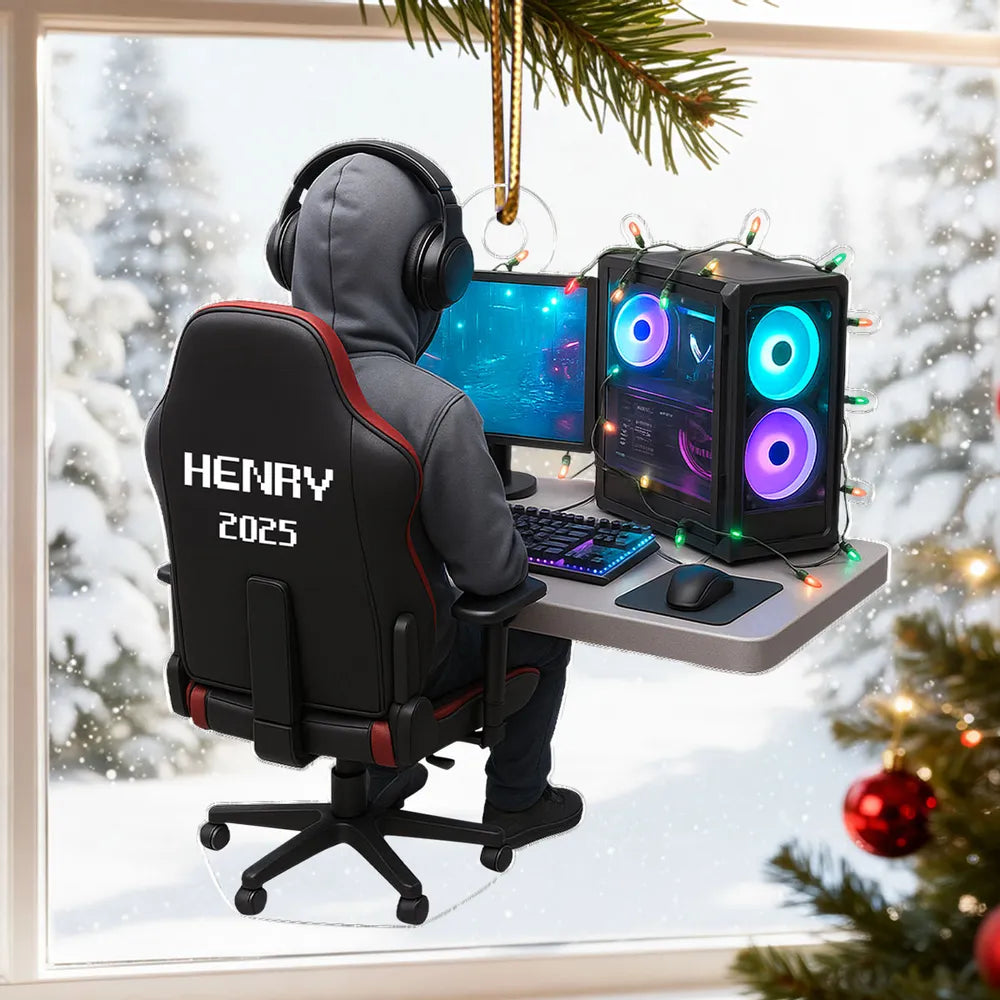 Personalized Gamer Acrylic Ornament, Hoodie & Headset Desk Setup with RGB PC Lights, Unique Gift for Gamers