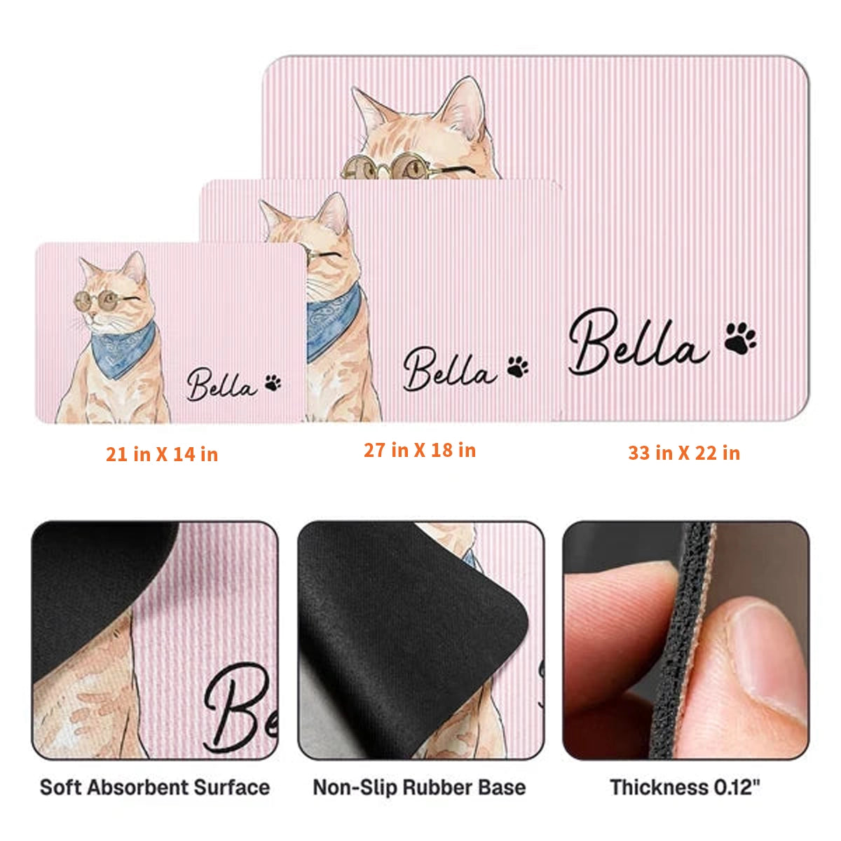 Custom Flannel Pet Mat with Watercolor Portrait for a Pet by Feeding Bowls, Creative Gift for Pet Owners