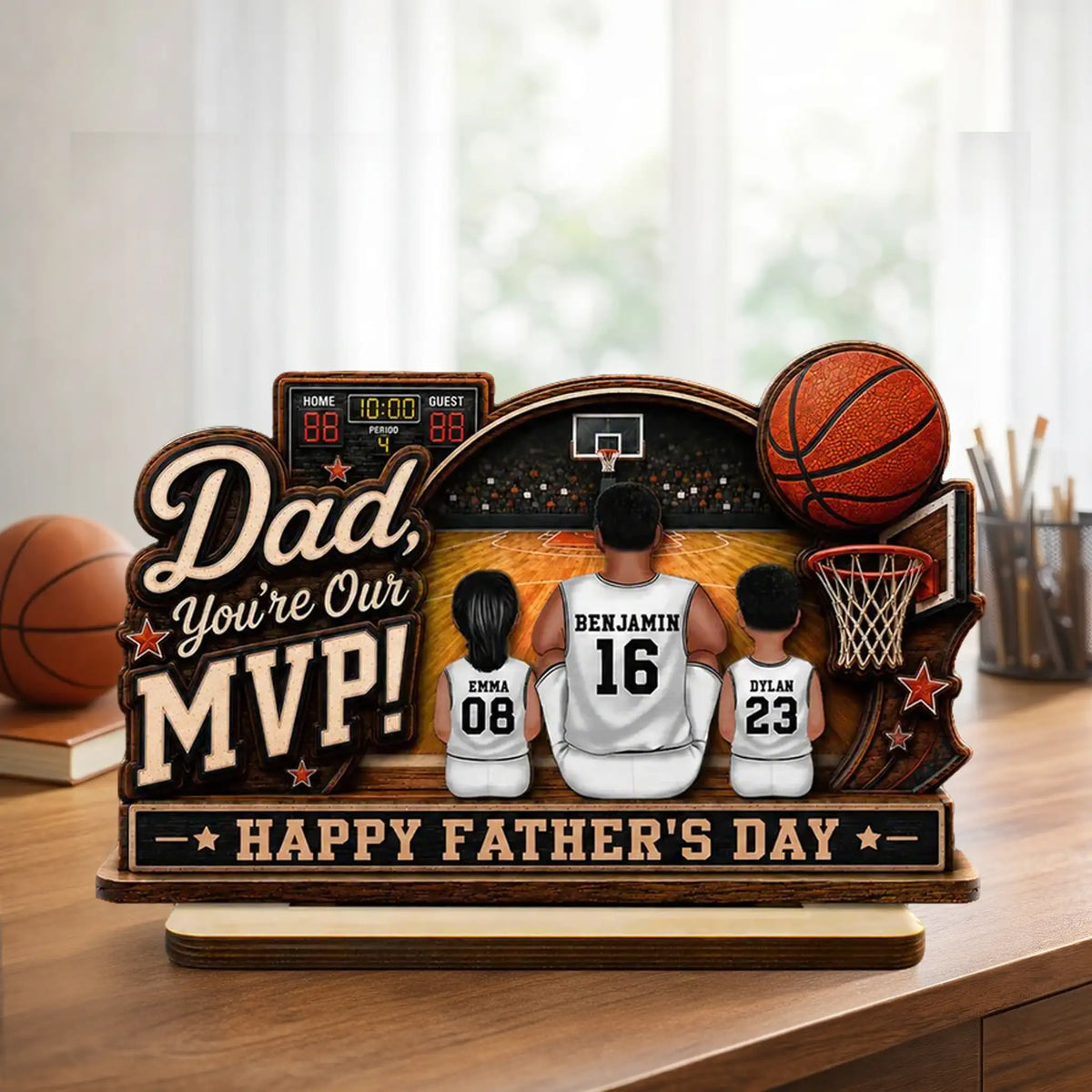 Dad You're Our MVP 2-Layer Wooden Plaque, Custom Basketball Court Keepsake, Creative Gift for Dad