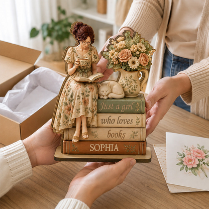 Personalized 2-Layer Wooden Plaque, Cottagecore Girl Reading with Cat, Unique Gift for Book Lovers
