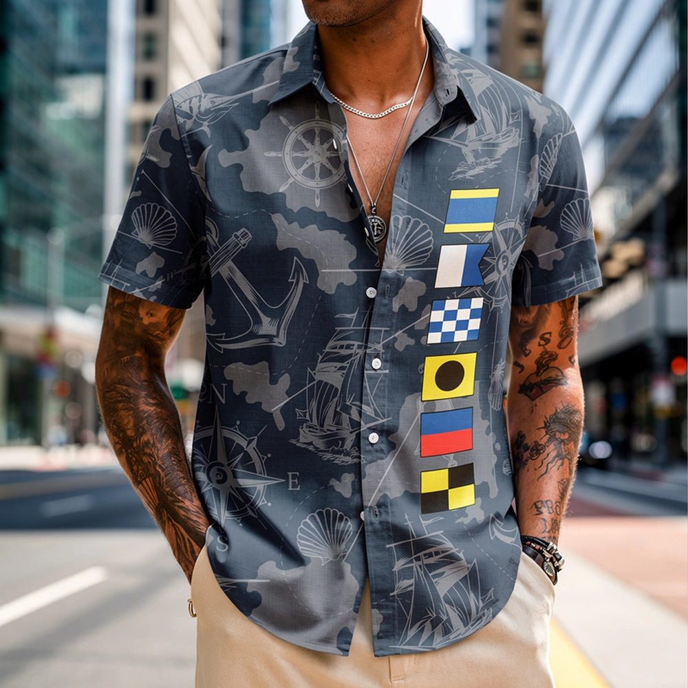 Personalized Nautical Flag Hawaiian Shirt, Ocean-Inspired Beach Outfit With Custom Print, Unique Gift For Vacation Style
