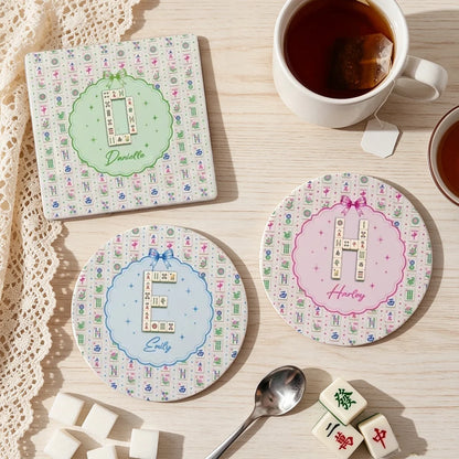 Personalized Round Ceramic Coaster with Pastel Mahjong Tiles, Unique Gift for Mahjong Lovers and Game Night