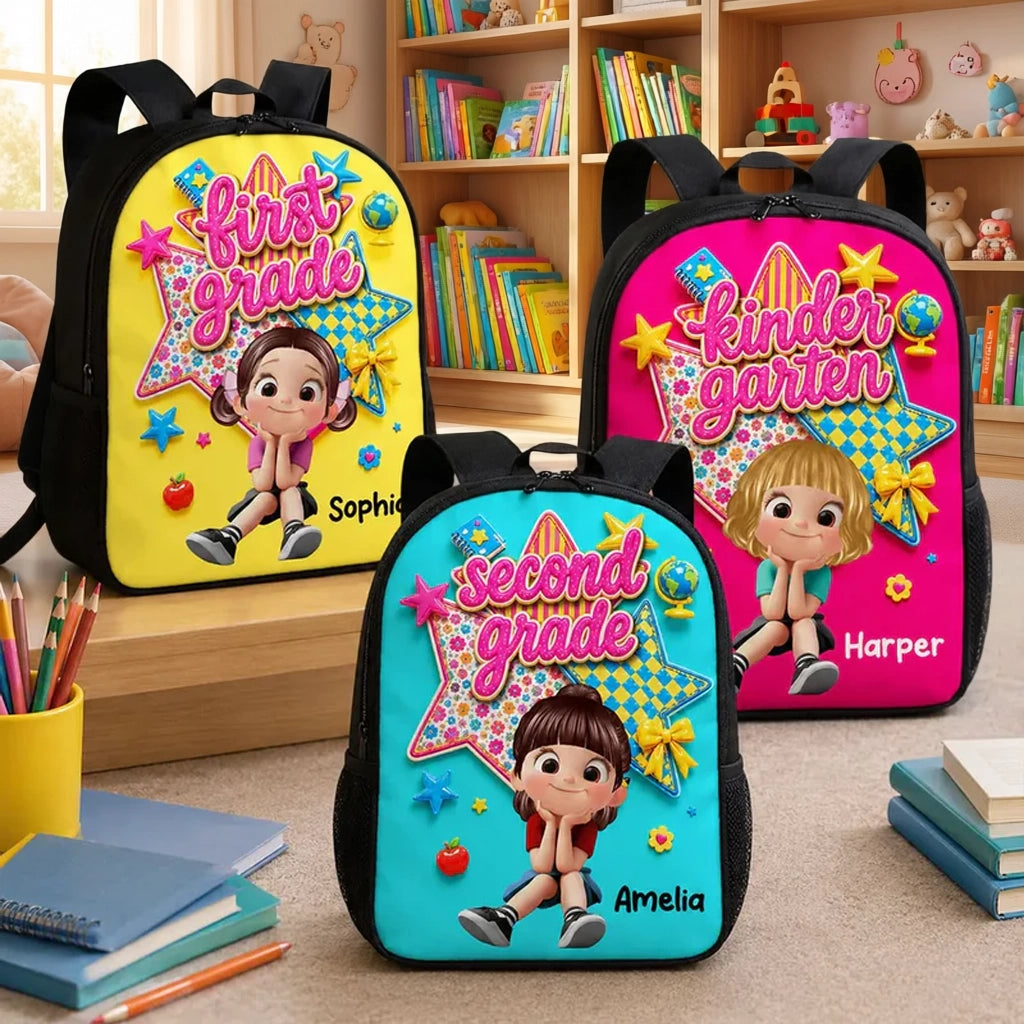 Personalized Kids School Backpack, Cute Cartoon Girl Grade Design, Unique Creative Gift For Daughter