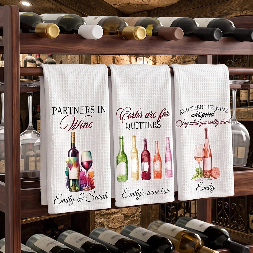 Personalized Kitchen Towel with Watercolor Wine Bottles and Corks Are for Quitters, Unique Gift for Wine Lovers