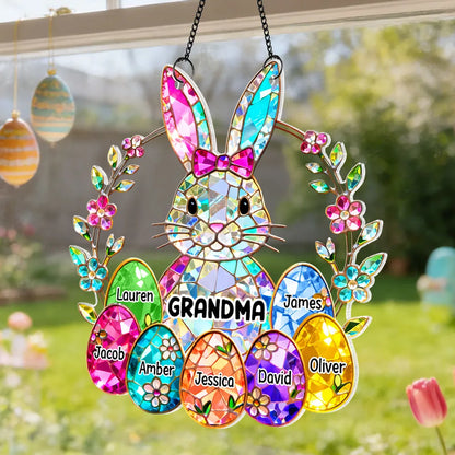 Acrylic Suncatcher Ornament Rainbow Bunny with Floral Wreath for Grandma Sunny Window Decor Unique Gift