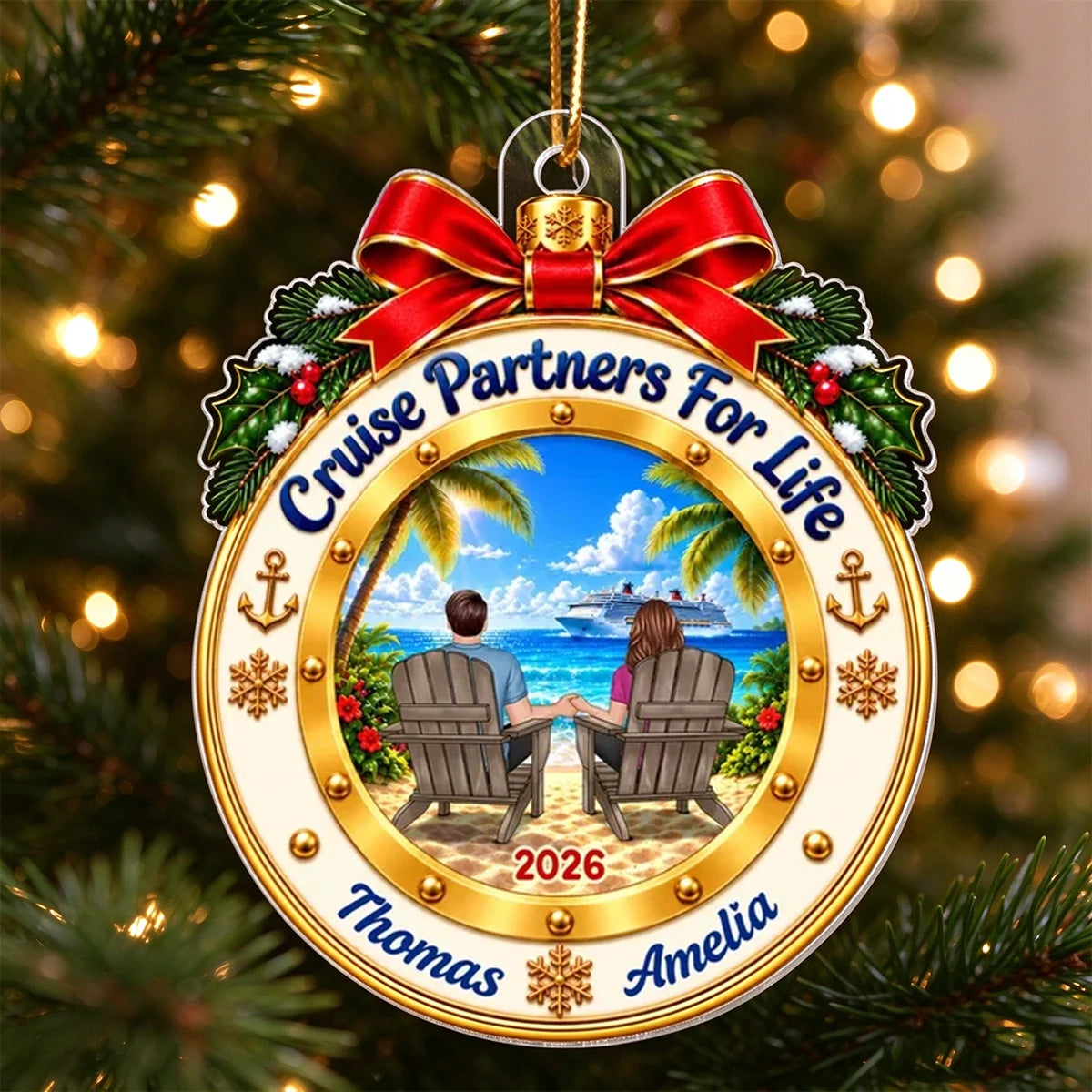 Personalized Acrylic Ornament, Cruise Couple Holding Hands on Sunny Beach, Unique Christmas Gift for Partners