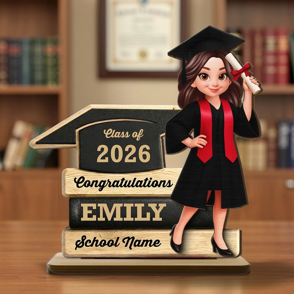 Personalized Graduation 2-Layer Wooden Plaque, Cartoon Grad Holding Diploma, Warm Wood Look, Unique Creative Gift